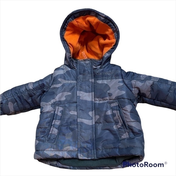 Carter’s Puffer Jacket 12 mos Full Zip Camouflage Green Orange Hooded - Picture 1 of 6